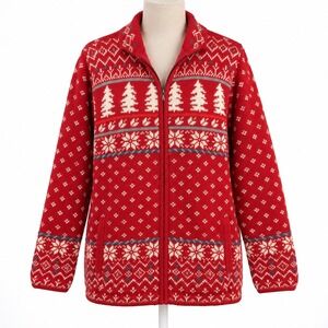 Vintage Fair Isle Snowflake Zip Sweater Sz L Red Christmas Holiday Nordic Pocket